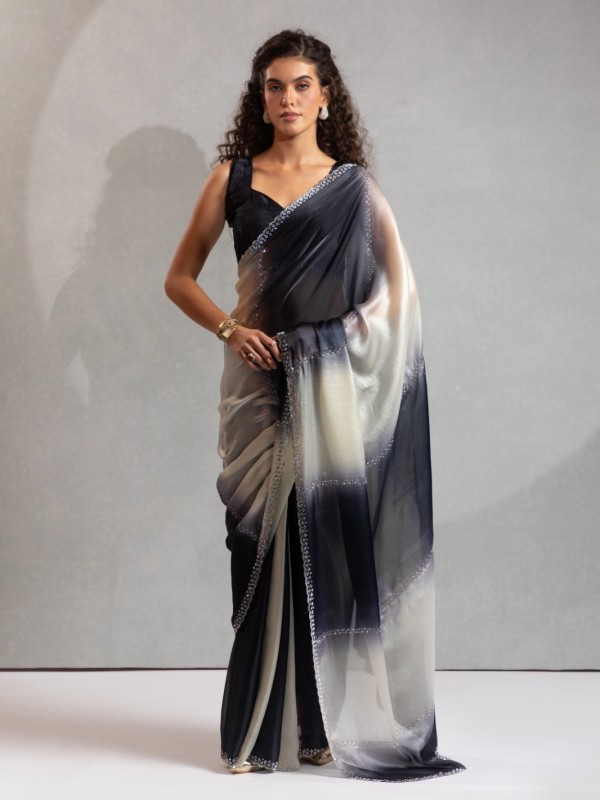 Satin Silk Party wear Saree In Black Color with Swaroskvi Work 