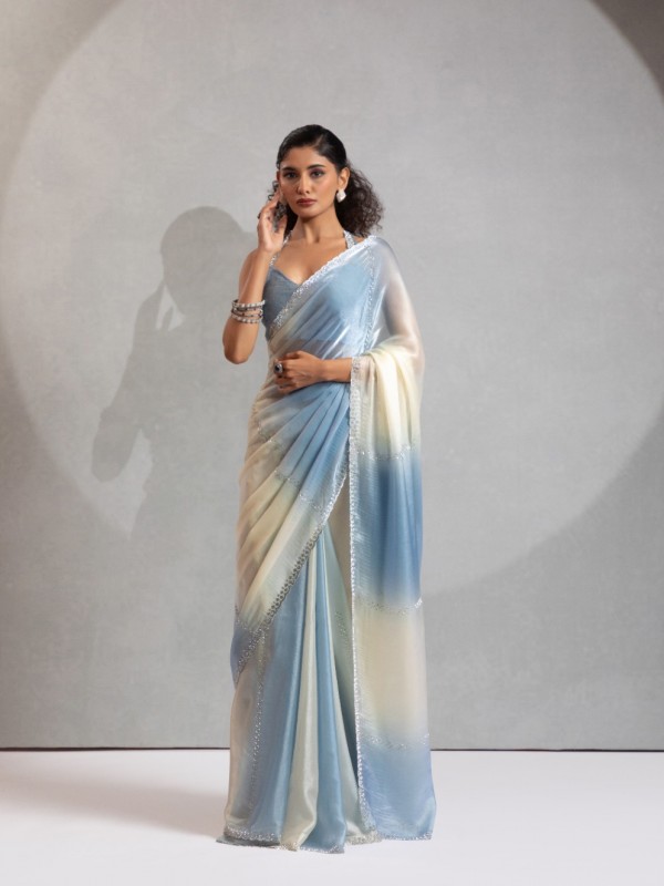 Satin Silk Party wear Saree In Sky Blue Color with Swaroskvi Work 