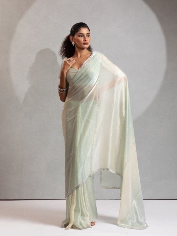 Satin Silk Party wear Saree In Cream Color with Swaroskvi Work 