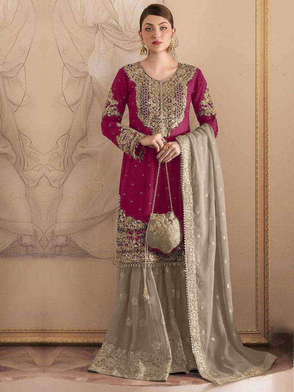 Fox Georgette Silk Party Wear Sharara In Rani Pink With Embroidery Work 