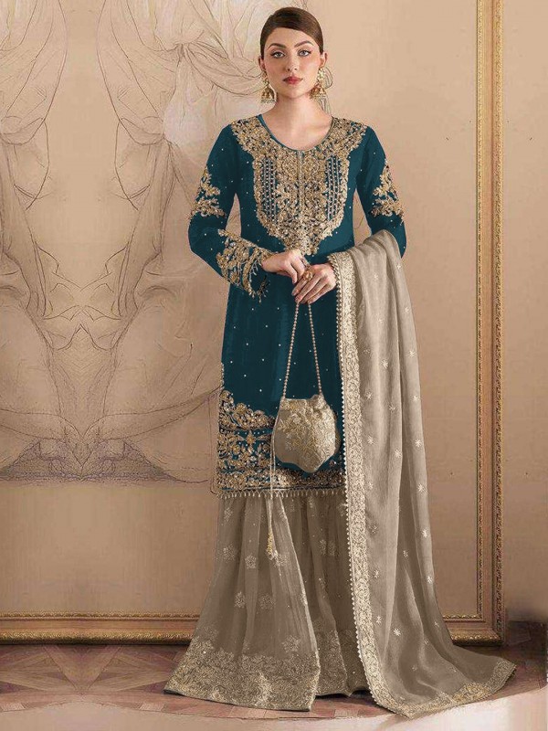 Fox Georgette Silk Party Wear Sharara In Rama Green With Embroidery Work 