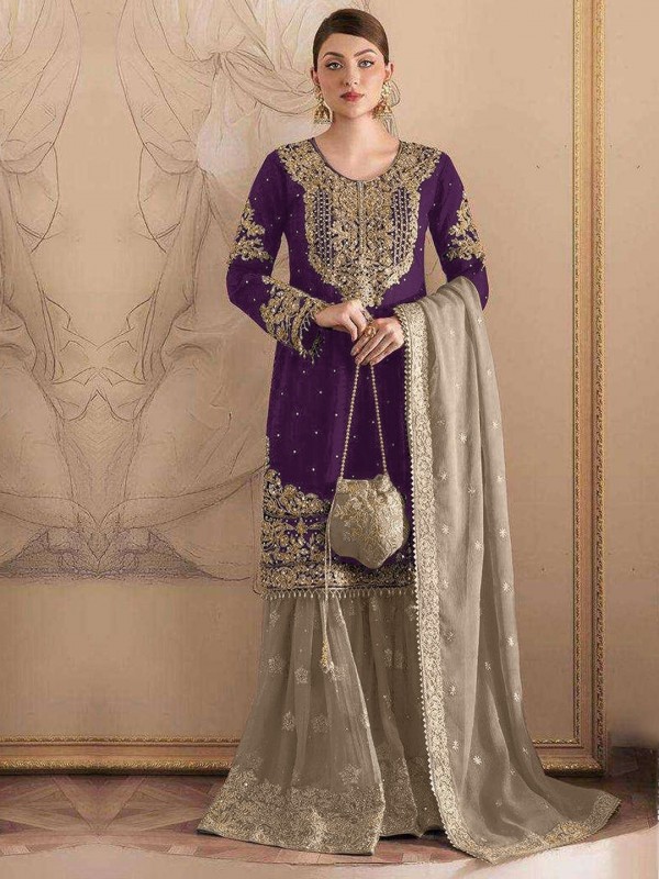 Fox Georgette Silk Party Wear Sharara In Wine With Embroidery Work 