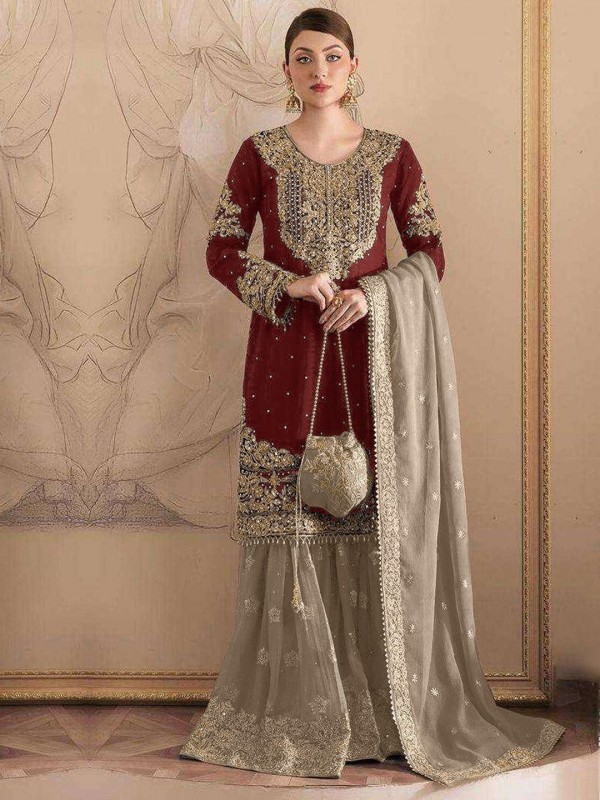 Fox Georgette Silk Party Wear Sharara In Maroon With Embroidery Work 