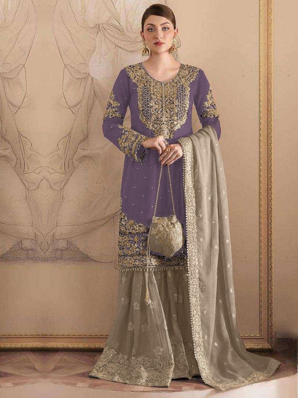 Fox Georgette Silk Party Wear Sharara In Purple With Embroidery Work 