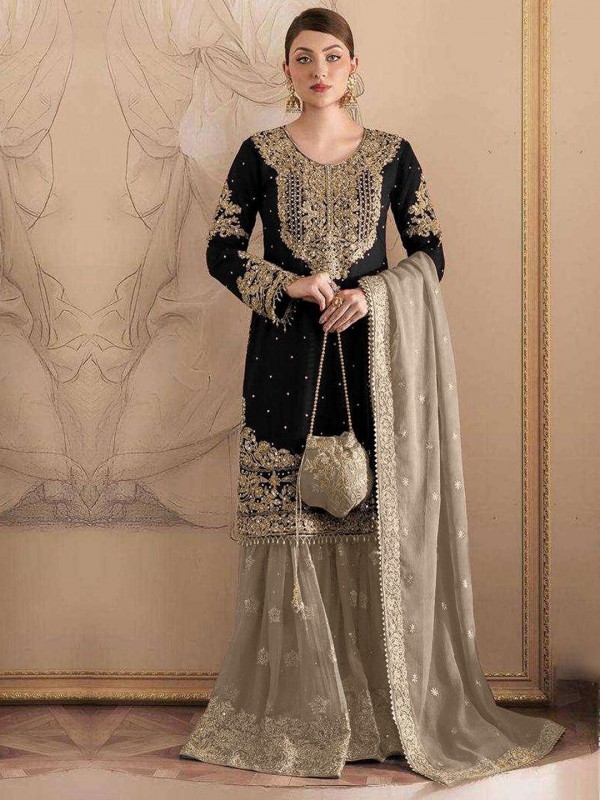 Fox Georgette Silk Party Wear Sharara In Black With Embroidery Work 