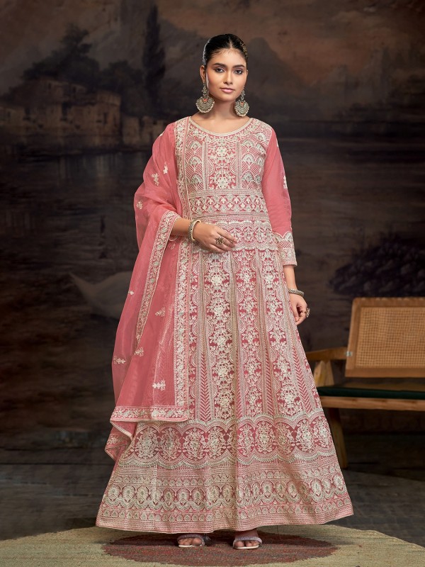 Soft Premium Net Party Wear Gown In Peach Color with Embroidery Work