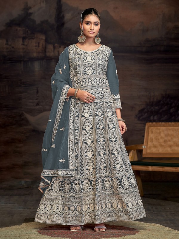 Soft Premium Net Party Wear Gown In Grey Color with Embroidery Work