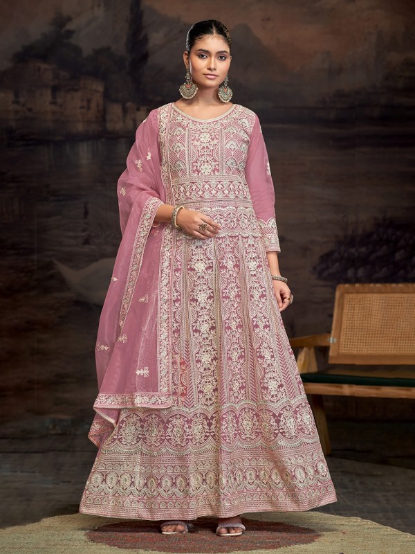 Soft Premium Net Party Wear Gown In Pink Color with Embroidery Work
