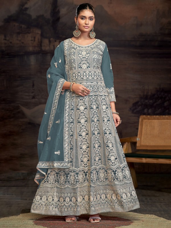 Soft Premium Net Party Wear Gown In Grey Color with Embroidery Work