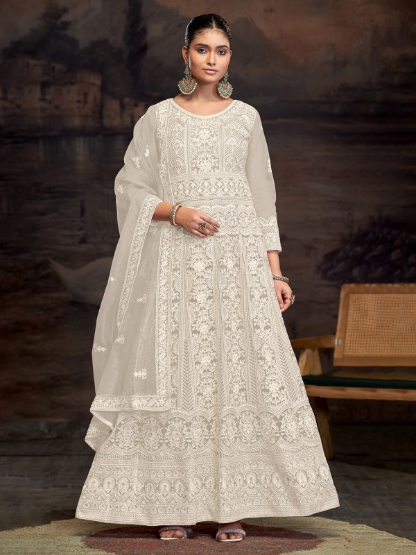 Soft Premium Net Party Wear Gown In Cream Color with Embroidery Work