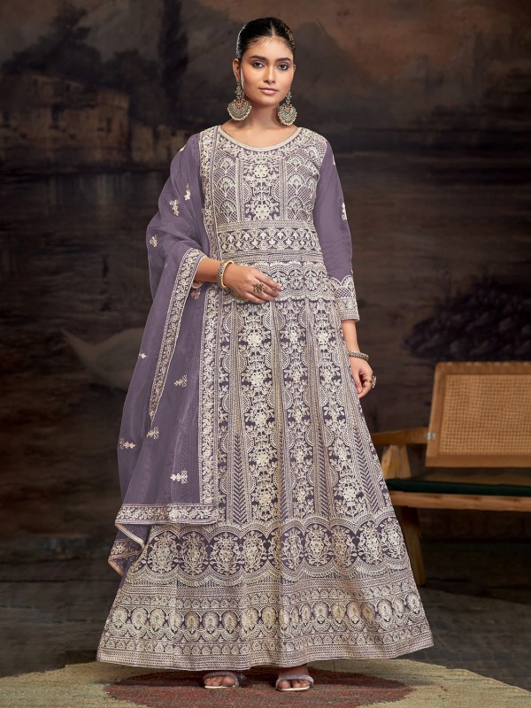 Soft Premium Net Party Wear Gown In Lavender Color with Embroidery Work