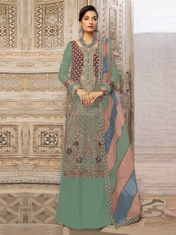 Organza Silk Party Wear Sharara in Pista Green Color With Embroidery Work