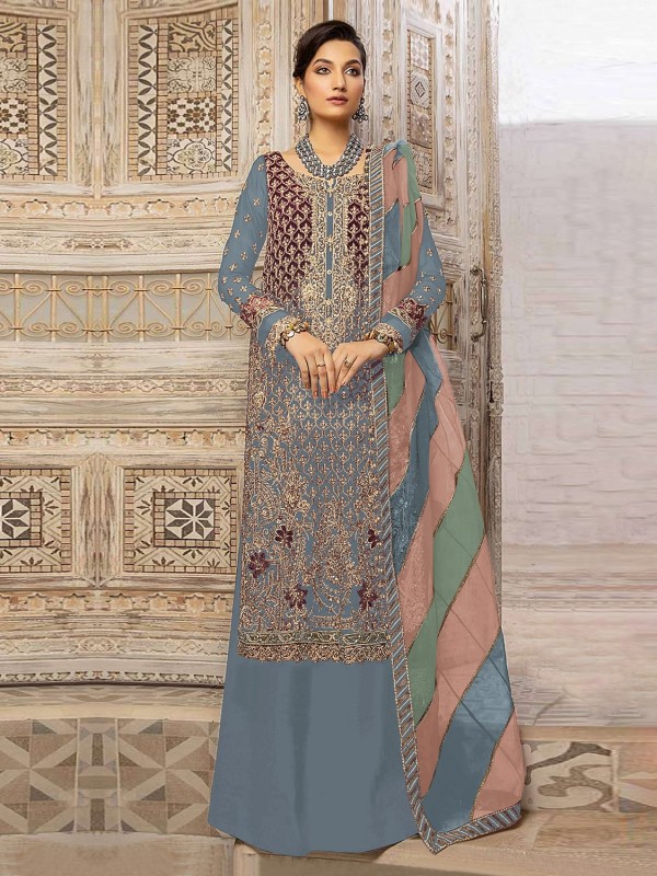 Organza Silk Party Wear Sharara in Grey Color With Embroidery Work