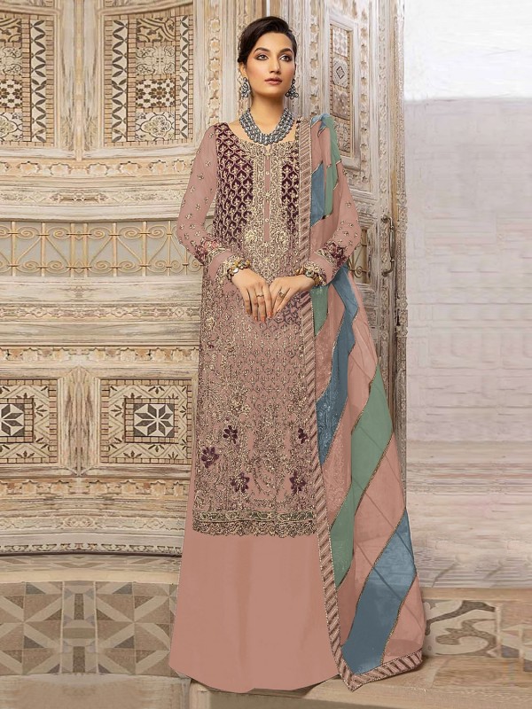 Organza Silk Party Wear Sharara in Peach Color With Embroidery Work