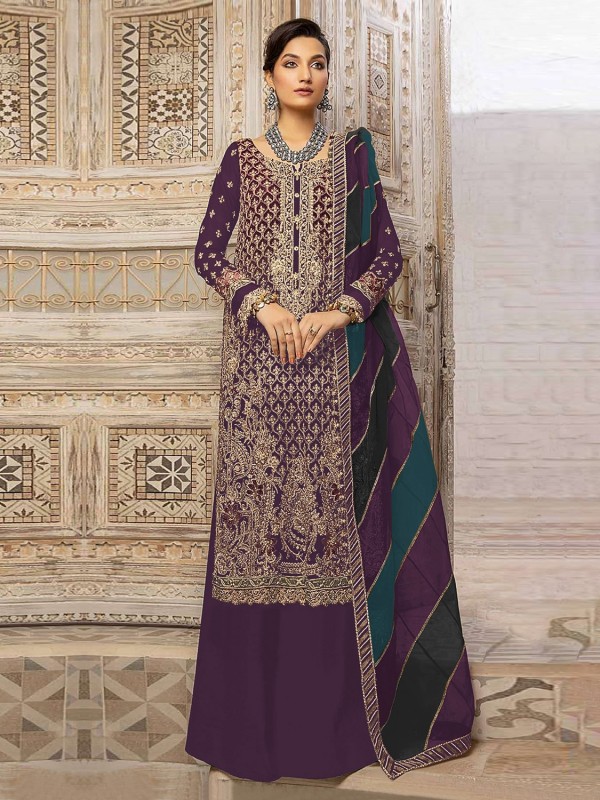 Organza Silk Party Wear Sharara in Wine Color With Embroidery Work