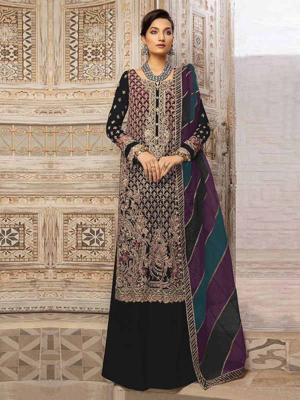 Organza Silk Party Wear Sharara in Black Color With Embroidery Work