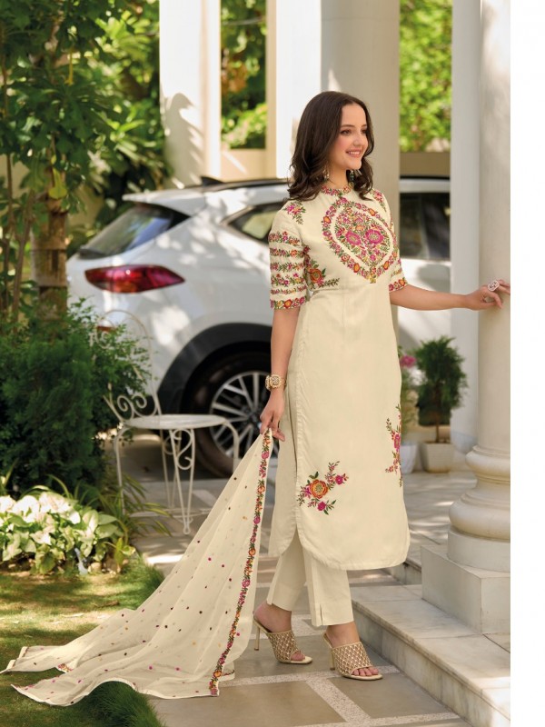  Heavy roman silk Party Wear Suit in Beige Color With Embroidery Work