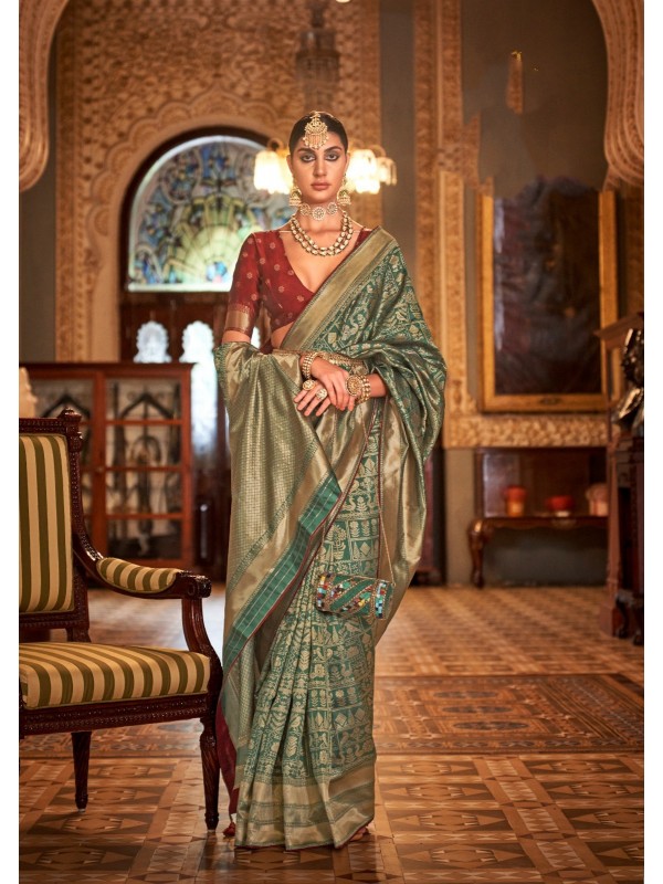 Banarasi Silk Party Wear Saree In Turquoise Color 
