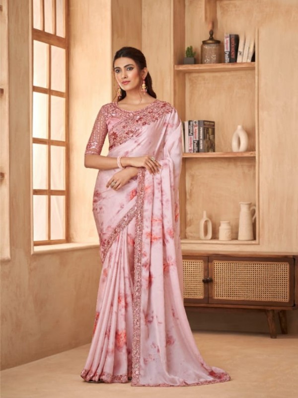 Sateen Georgette Party Wear  Saree In Pink Color With Embroidery Work