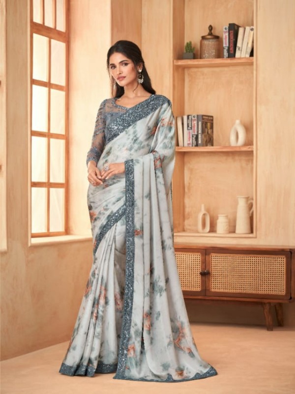 Sateen Georgette Party Wear  Saree In Grey Color With Embroidery Work