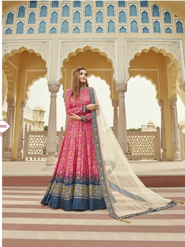 Pure Dola Silk Party Wear Gown Multi Color with  Bandhani print Work