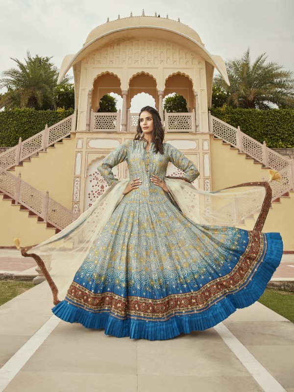 Pure Dola Silk Party Wear Gown Blue Color with  Bandhani print Work