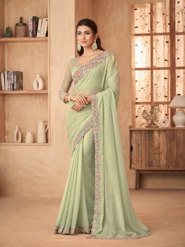 Chiffon Georgette Party Wear  Saree In Green Color With Embroidery Work