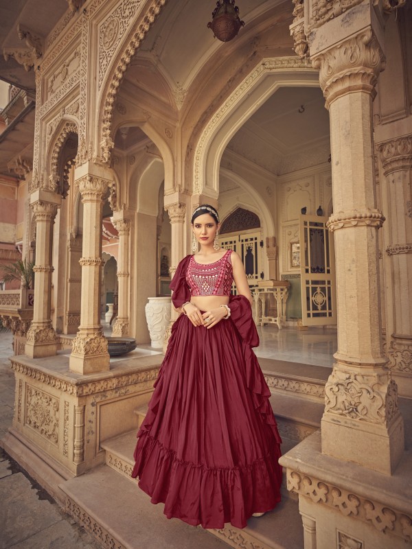 Chinon Fabrics Party Wear Lehenga in Maroon Color With Embroidery Work 