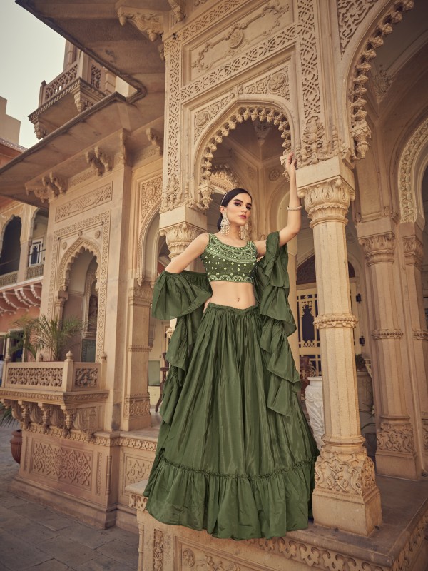 Chinon Fabrics Party Wear Lehenga in Olive Green Color With Embroidery Work 