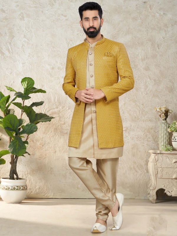 Art Silk IndoWestern Ready Made Dress in Yellow Color with Thread work 
