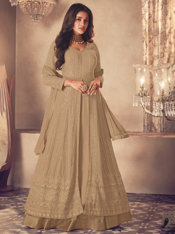 Georgette Silk Party Wear Sharara In Beige With Embroidery Work 