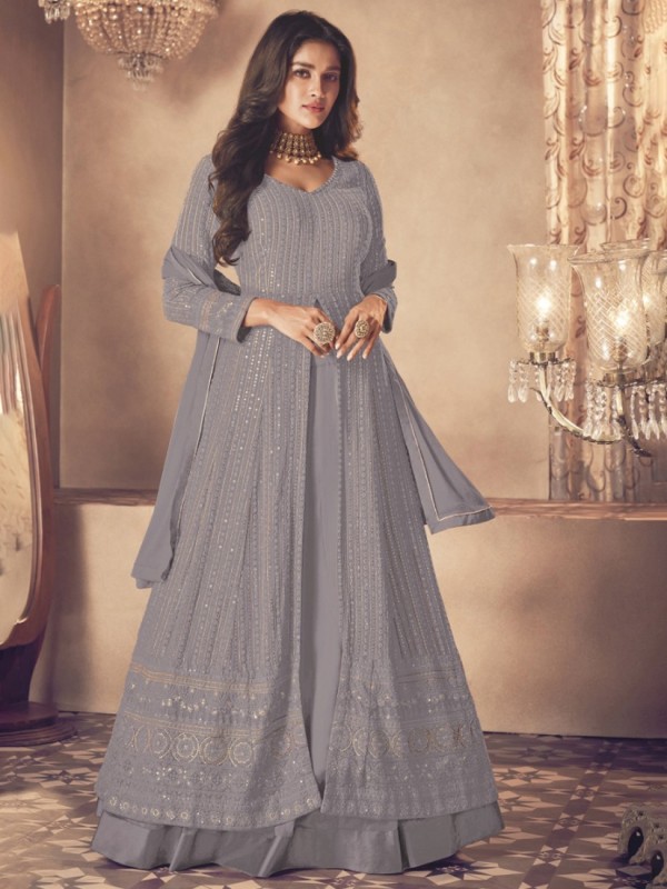 Georgette Silk Party Wear Sharara In Grey With Embroidery Work 