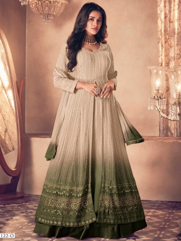 Real Georgette Party Wear Gown Green Color with Embroidery Work