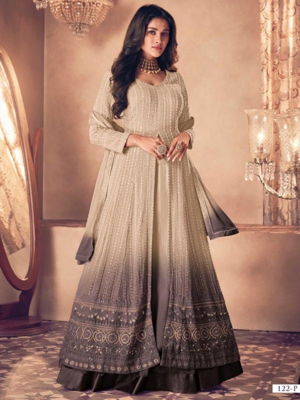 Real Georgette Party Wear Gown Cream & Brown Color with Embroidery Work
