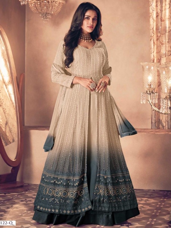 Real Georgette Party Wear Gown Grey & Cream Color with Embroidery Work