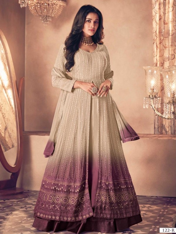 Real Georgette Party Wear Gown Cream & Pink Color with Embroidery Work