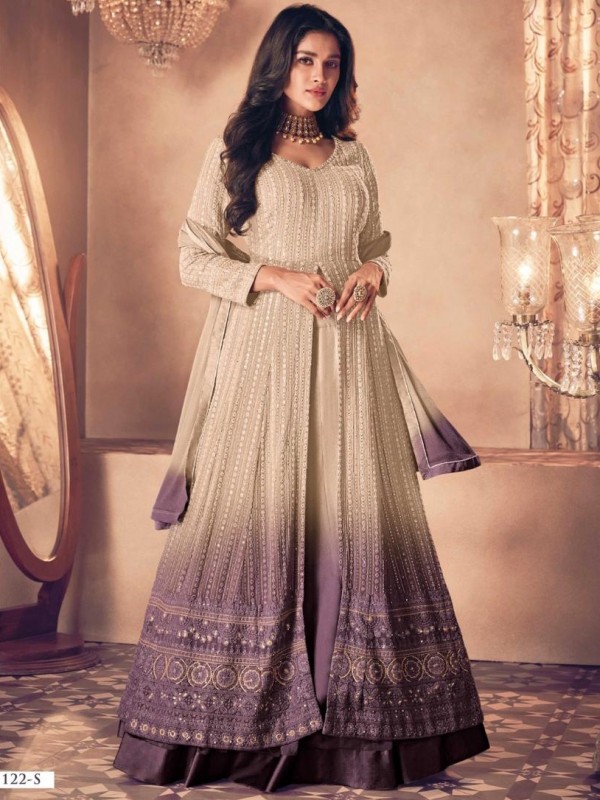 Real Georgette Party Wear Gown Cream & Purple Color with Embroidery Work