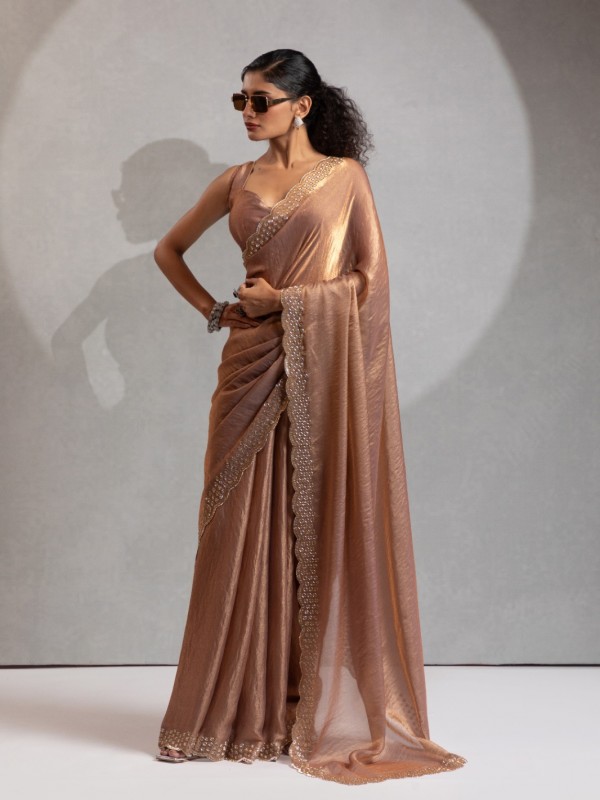 Satin Chiffon Party wear Saree In Biege Color with Swaroskvi Work 