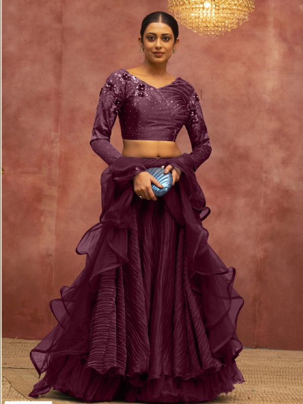 Silk Wedding Wear Lehenga In Purple Color  With Embroidery Work