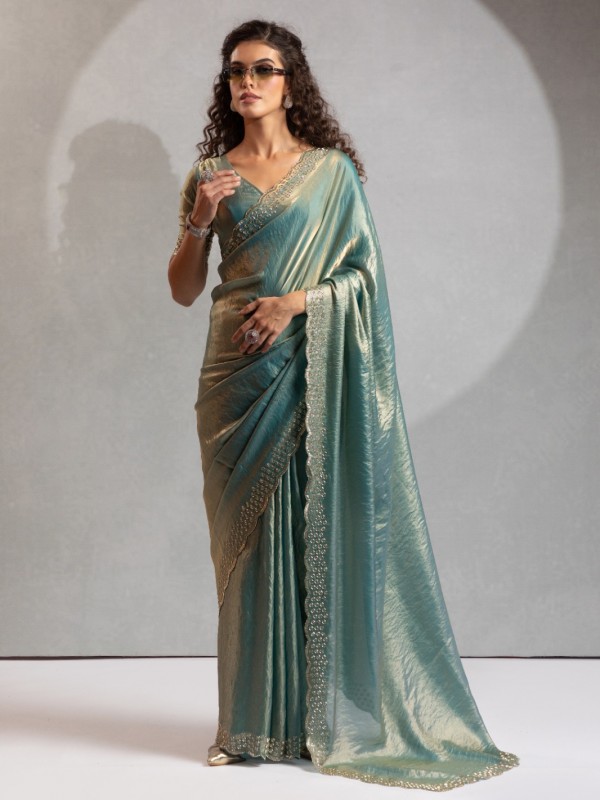 Satin Chiffon Party wear Saree In Teal Green Color with Swaroskvi Work 