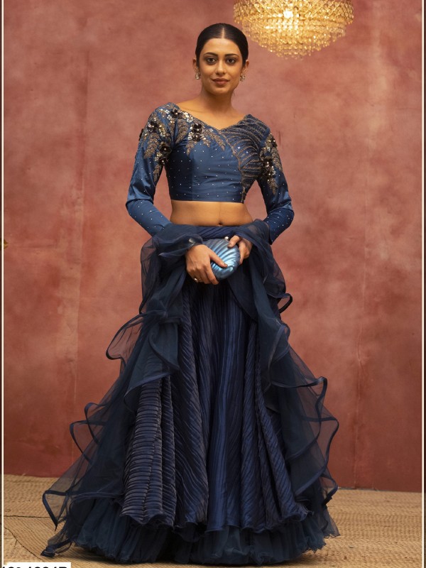 Silk Wedding Wear Lehenga In Blue Color  With Embroidery Work