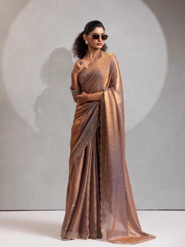 Satin Chiffon Party wear Saree In Beige Color with Swaroskvi Work 