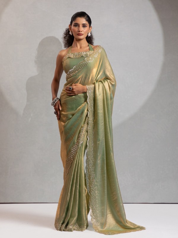 Satin Chiffon Party wear Saree In Green Color with Swaroskvi Work 