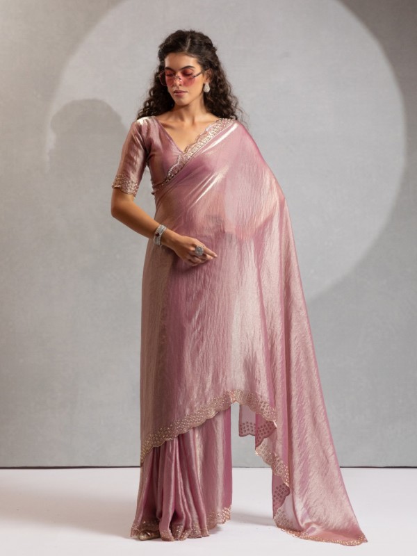 Satin Chiffon Party wear Saree In Light Pink Color with Swaroskvi Work 