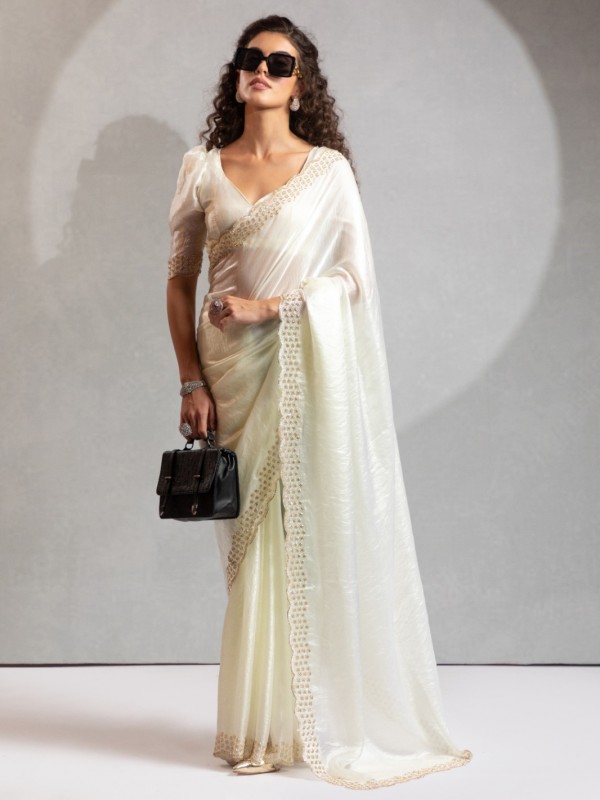 Satin Chiffon Party wear Saree In Off White Color with Swaroskvi Work 