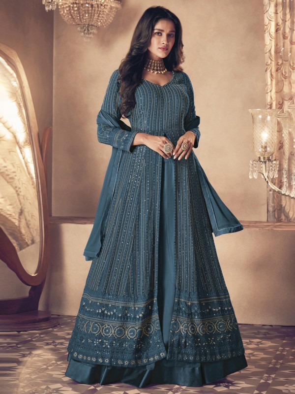 Georgette Silk Party Wear Sharara In Teal With Embroidery Work 