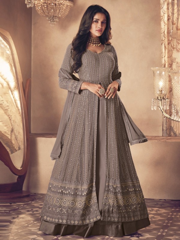 Georgette Silk Party Wear Sharara In Brown With Embroidery Work 