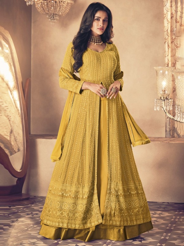 Georgette Silk Party Wear Sharara In Yellow With Embroidery Work 