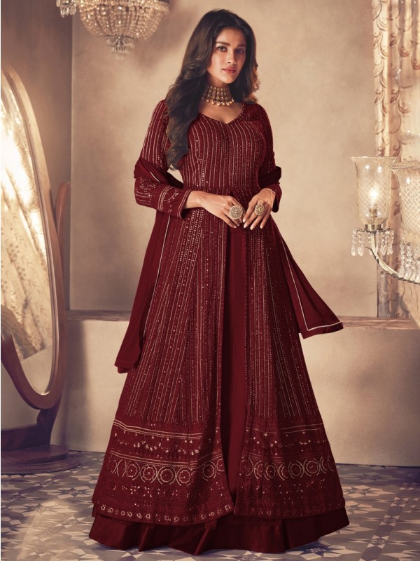 Georgette Silk Party Wear Sharara In Maroon With Embroidery Work 