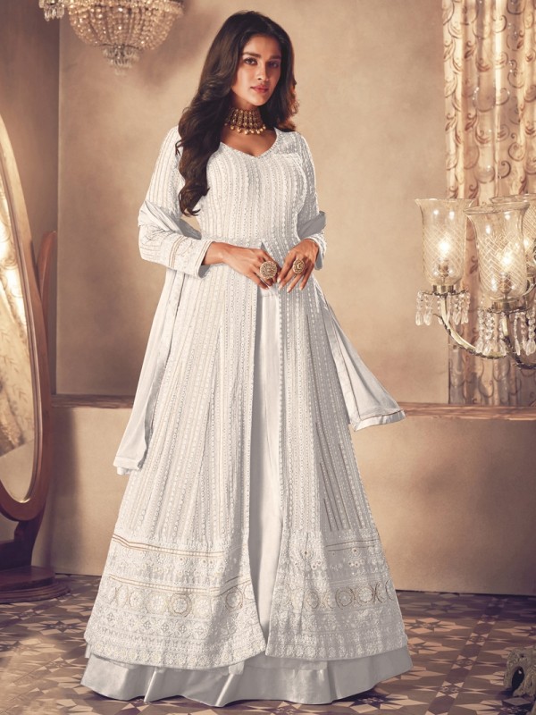 Georgette Silk Party Wear Sharara In White With Embroidery Work 
